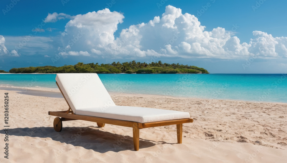 Chaise lounge by the sea on sandy beach with turquoise water Chaise lounge by the sea on sandy beach with turquoise water