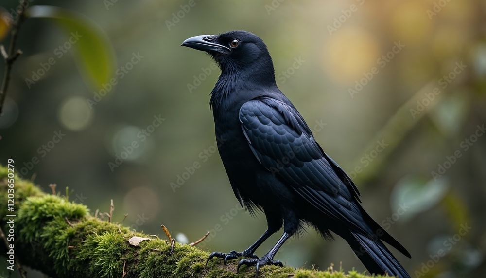 Crow standing on a moss-covered branch in a serene woodland setting Crow standing on a moss-covered branch in a serene woodland setting