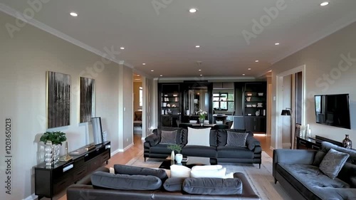 Living room interior featuring elegant black furniture, balanced with soft lighting and sleek decor for a stylish modern look.