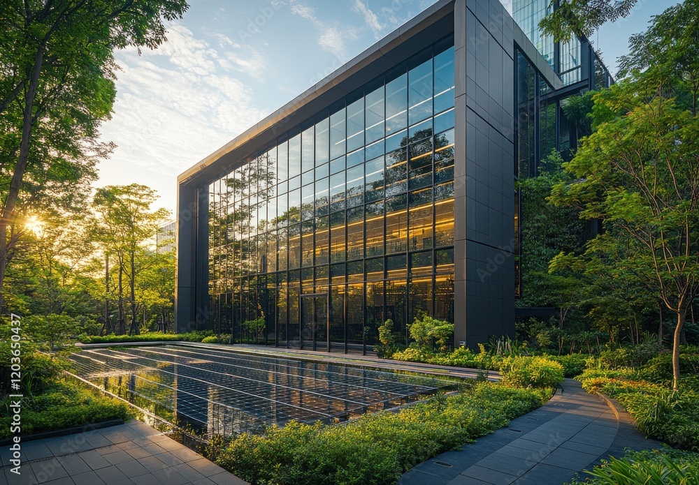 Modern architectural design of a sleek glass building surrounded by lush greenery and tranquil water features on a bright sunny day Modern architectural design of a sleek glass building surrounded by lush greenery and tranquil water features on a bright sunny day