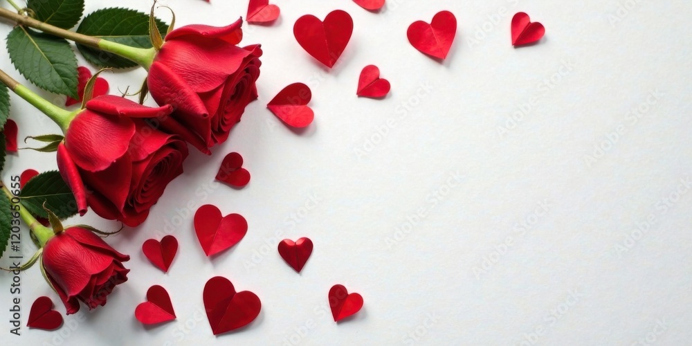 A bouquet of three lush red roses and scattered paper hearts on a pristine white background, a romantic composition perfect for expressing affection and love A bouquet of three lush red roses and scattered paper hearts on a pristine white background, a romantic composition perfect for expressing affection and love