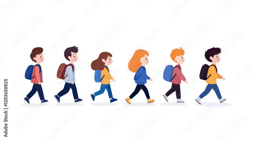 Group of people walking in a straight line outdoors in a public area with trees and buildings in background Group of people walking in a straight line outdoors in a public area with trees and buildings in background