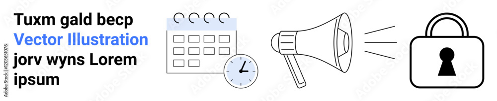 Calendar with clock signifying scheduling, loudspeaker representing communication, padlock symbolizing security. Ideal for marketing, planning, announcements, privacy, security, communication Calendar with clock signifying scheduling, loudspeaker representing communication, padlock symbolizing security. Ideal for marketing, planning, announcements, privacy, security, communication