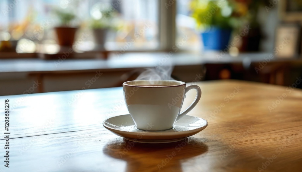 Fototapeta premium Steaming cup of coffee on wooden table, cozy indoor setting with blurred background.