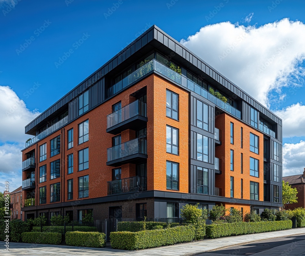Fototapeta premium Modern Residential Building with Balconies Surrounded by Greenery under Bright Blue Sky and Fluffy Clouds in Urban Setting, Perfect for Architecture and Real Estate Themes