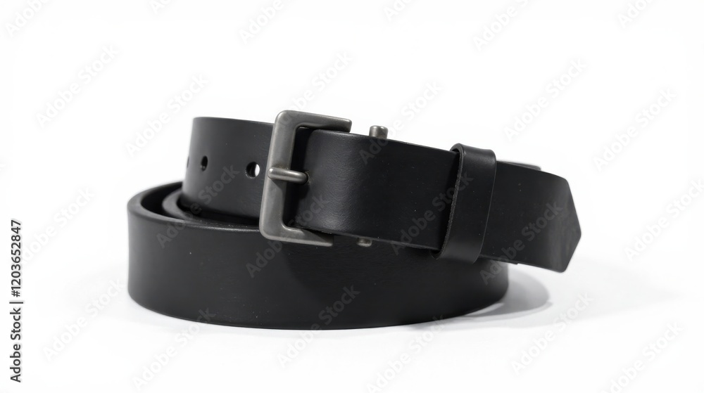 A Rolled Black Leather Belt with a Simple Metal Buckle, Showing Detail of the Smooth, Unblemished Leather and the Matte Finish of the Metal Hardware A Rolled Black Leather Belt with a Simple Metal Buckle, Showing Detail of the Smooth, Unblemished Leather and the Matte Finish of the Metal Hardware