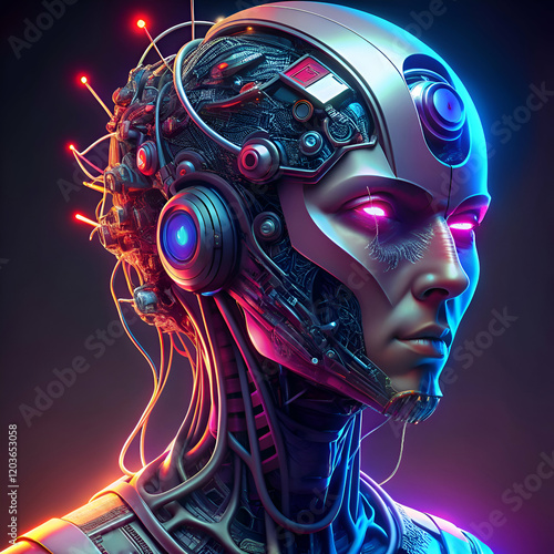 A futuristic cyborg woman with glowing eyes.
