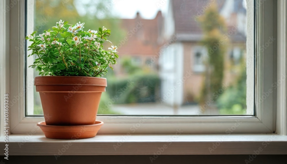 Fototapeta premium Potted green plant on windowsill, overlooking a cozy suburban house and lush garden.