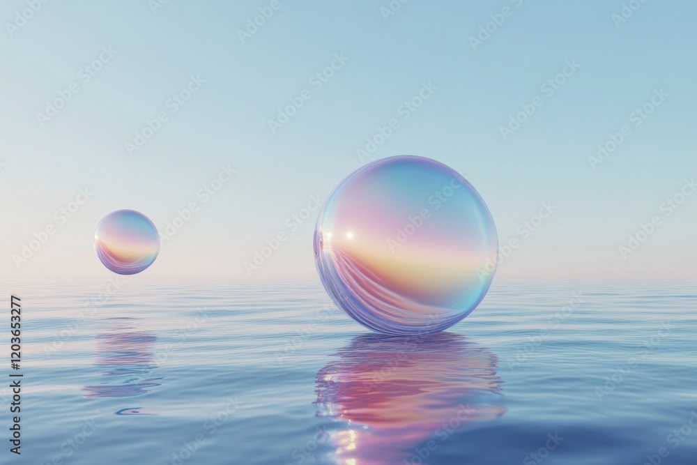 Surreal spheres floating on serene ocean at sunset reflections Surreal spheres floating on serene ocean at sunset reflections