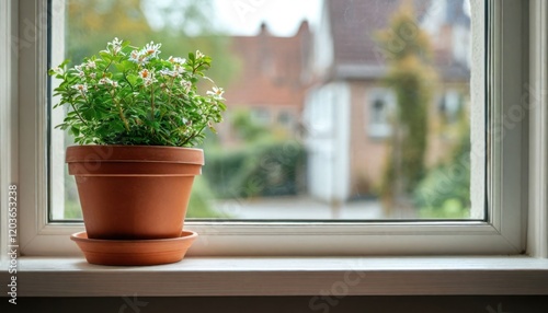 Potted green plant on windowsill, overlooking a cozy suburban house and lush garden. photo