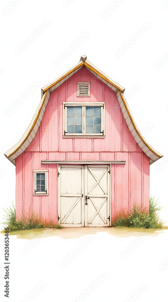 Watercolor illustration of a pastel pink barn with gold roof accents, white doors and soft rustic details. Watercolor illustration of a pastel pink barn with gold roof accents, white doors and soft rustic details.