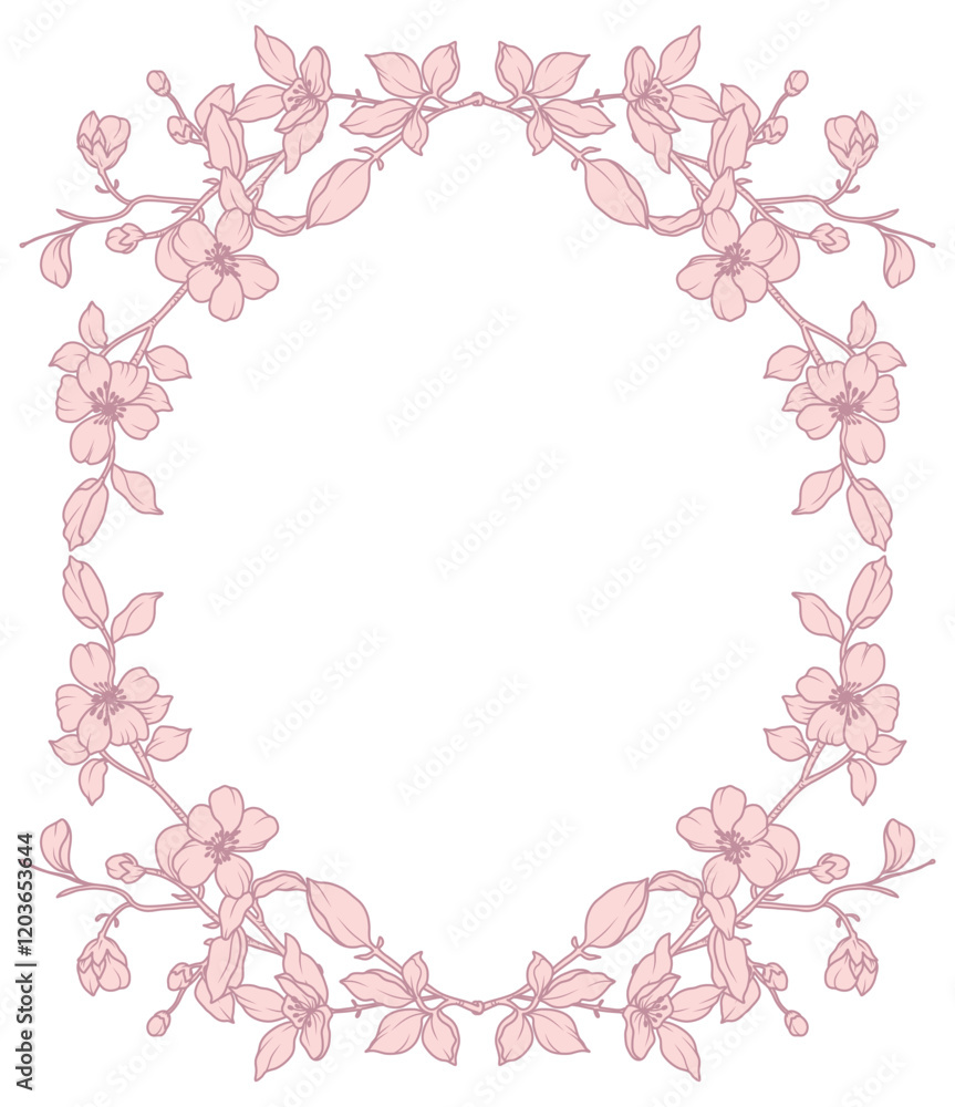 Elegant Frame with hand drawn spring blooming branches, leaves and pink flowers. Vintage wreath. Vector illustration for label, branding, wedding invitation, card, save the date, logo Elegant Frame with hand drawn spring blooming branches, leaves and pink flowers. Vintage wreath. Vector illustration for label, branding, wedding invitation, card, save the date, logo