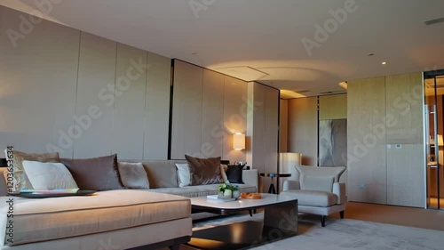 Hotel room at dusk, featuring soft lighting and a cozy atmosphere with modern design elements.