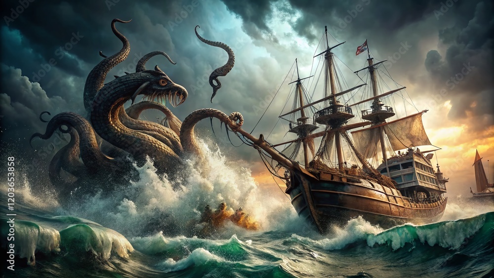 Obraz premium Dramatic Kraken Attacking Pirate Ship - Epic Ocean Battle Stock Photo