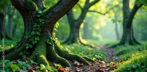 Vines and creepers entwining ancient tree trunks, natural beauty, green forest landscape, tree entwinement photo