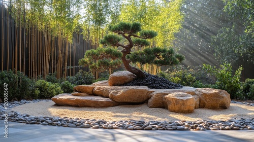 Serene Bonsai Garden with Sunlit Bamboo, Stones and Pebbles, a tranquil haven with harmonious natural elements creating a peaceful ambiance photo