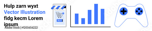 Shopping cart and store awning, column chart bars, and game controller in blue tones. Ideal for e-commerce, analytics, gaming sites, app interfaces, social media, presentations, blogs, marketing