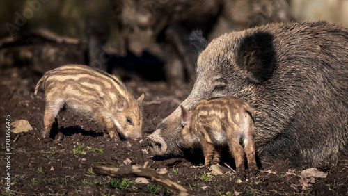 A Sleeping Wild Boar Sow With Two Of Its Boarlets (Sus Scrofa) photo