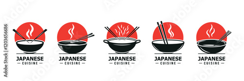 Flat Color Vector Japanese Cuisine Logo Set. Ramen Bowl, Noodle Bowl Icon, Sushi Restaurant Emblem. Japanese Food Logo, Asian Cuisine Design, Japanese Restaurant Branding, Japanese Food Symbol photo