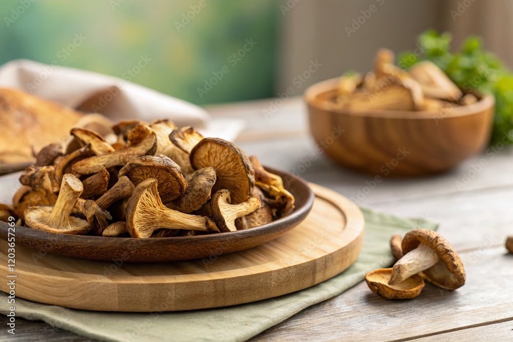 Obraz premium Dried Mushrooms on Rustic Wooden Plate - Organic Food Stock Photo