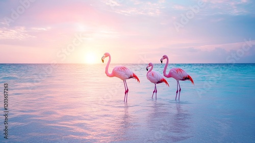 Pink flamingos on the ocean