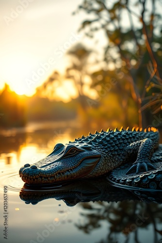 Alligator statue in tranquil sunrise swamp.