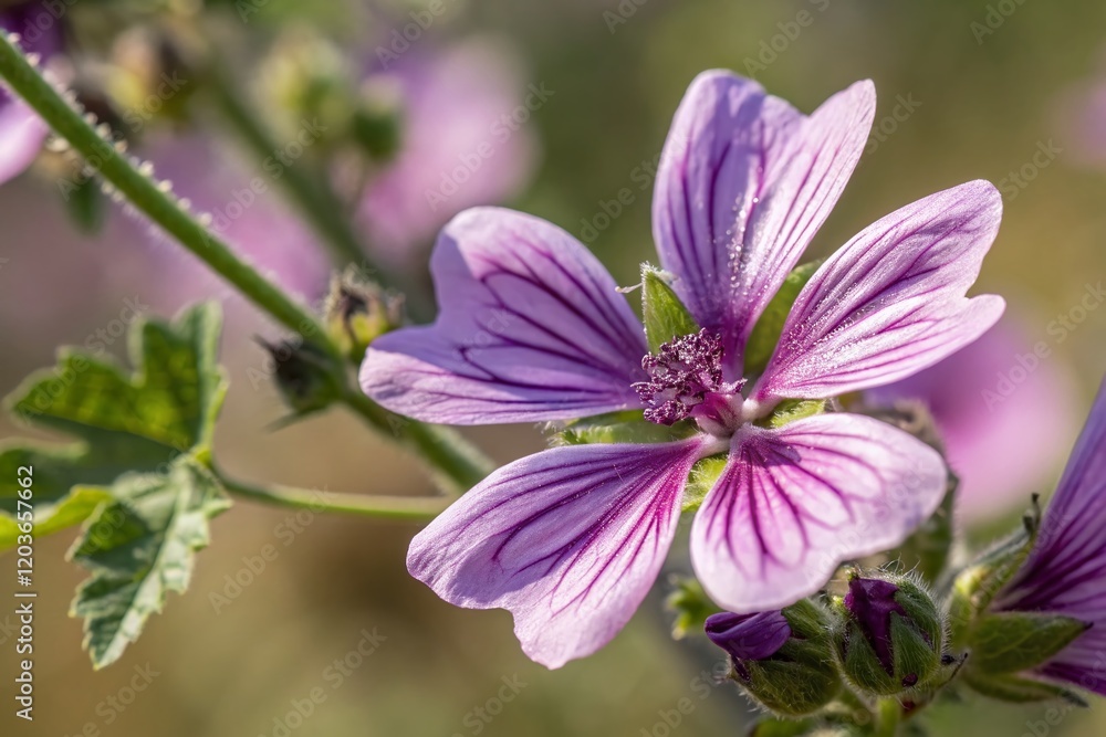Drone Close-Up Macro: Delicate Lilac Petaled Mallow Flower Drone Close-Up Macro: Delicate Lilac Petaled Mallow Flower