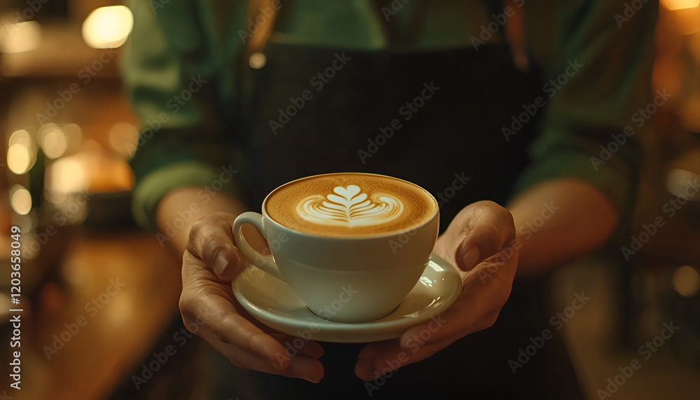 Waiter in black apron stretches a cup of coffee Waiter in black apron stretches a cup of coffee