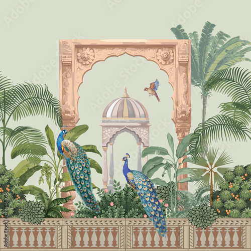 Traditional Mughal seamless illustration pattern with garden, peacock, flower plant, tree for print.