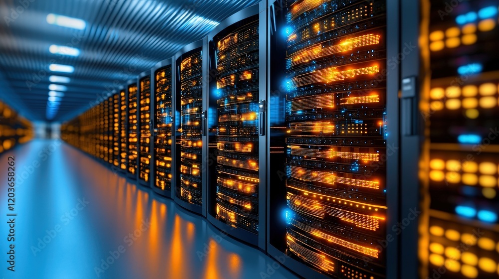 The illustration features a sleek and modern server room with rows of interconnected servers glowing with digital data streams, all housed within a futuristic, high tech cloud network hub The illustration features a sleek and modern server room with rows of interconnected servers glowing with digital data streams, all housed within a futuristic, high tech cloud network hub