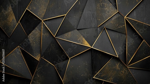 Black and gold geometric abstract background. Minimal dark gray and golden polygon pattern with geometric shapes, lines, stripes, triangles. Modern elegant luxury futuristic design