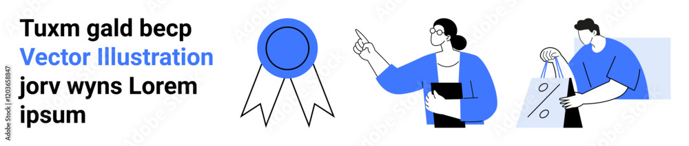 Person holding award ribbon, woman pointing while giving a presentation, man examining growth chart. Ideal for success, achievement, presentations, teamwork, business growth, data analysis goal Person holding award ribbon, woman pointing while giving a presentation, man examining growth chart. Ideal for success, achievement, presentations, teamwork, business growth, data analysis goal
