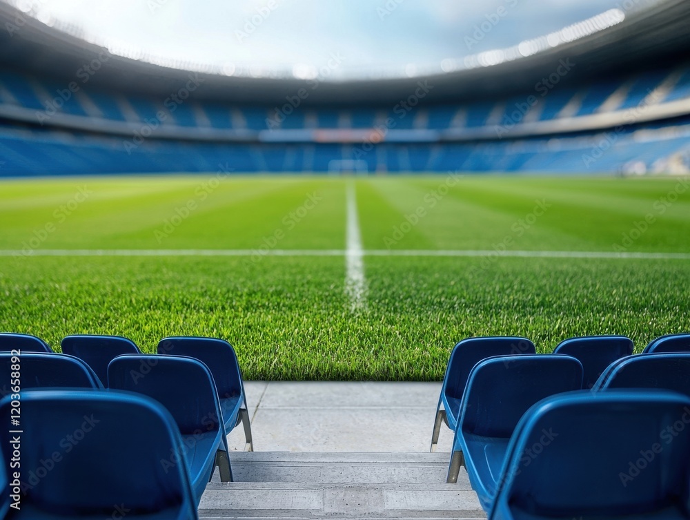 Obraz premium Empty Stadium Seats Overlooking Lush Green Soccer Field Vista