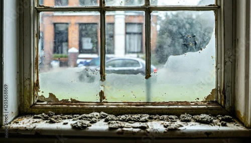 Dusty and dirty old window with moss, overlooking a blurred green landscape. photo