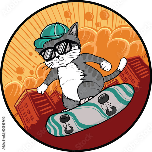 Skateboarding Cat Vector Art Illustration