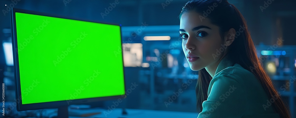 Focused young woman working on computer in a modern office space Focused young woman working on computer in a modern office space