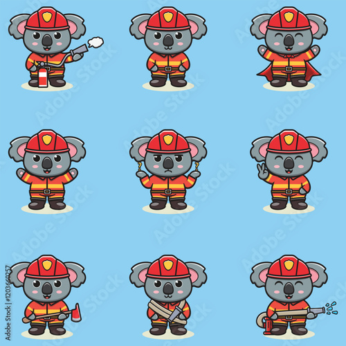 Vector Illustration of Koala cartoon with Firefighter costume. Set of cute Koala characters.