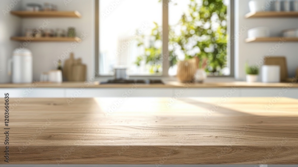 Wooden table in modern kitchen with blurred background. Wood rustic counter for product display, showcasing bright and clean interior design, ideal for cooking and home lifestyle