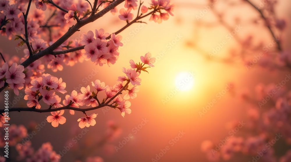 Magical sunset with blooming tree branches, soft pink flowers and shining golden rays of light. Magical sunset with blooming tree branches, soft pink flowers and shining golden rays of light.