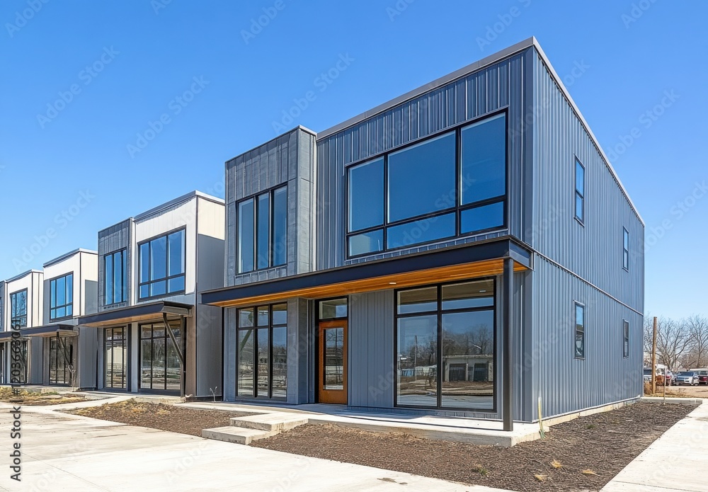 Modern architectural design featuring contemporary buildings with large glass windows, attractive entrances, and minimalistic aesthetics in an urban setting. Modern architectural design featuring contemporary buildings with large glass windows, attractive entrances, and minimalistic aesthetics in an urban setting.