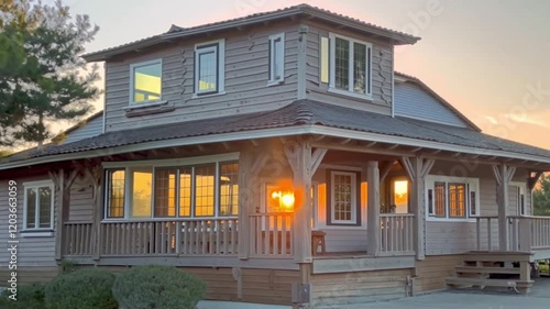 View of the house at dusk, capturing the subtle beauty of architecture and lighting.