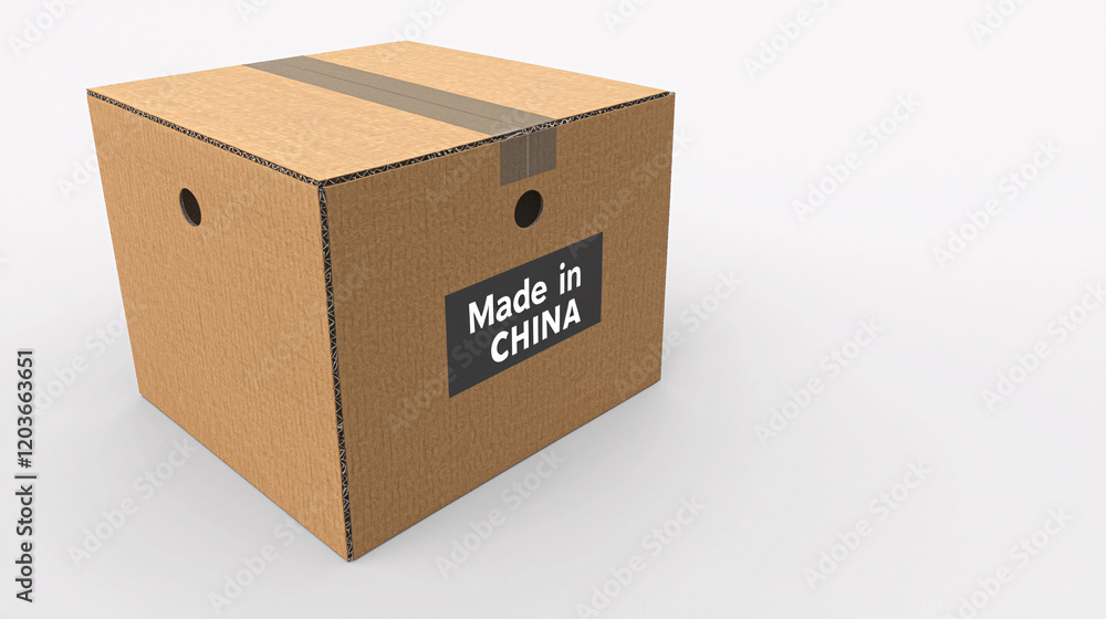 of a cardboard parcel box with Made in China label prominently displayed on a clean white background. of a cardboard parcel box with Made in China label prominently displayed on a clean white background.