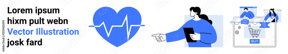 Heart with EKG line, person holding a tablet pointing, online shopping cart with two people. Ideal for healthcare, e-commerce, technology, online shopping, digital marketing, telemedicine user Heart with EKG line, person holding a tablet pointing, online shopping cart with two people. Ideal for healthcare, e-commerce, technology, online shopping, digital marketing, telemedicine user