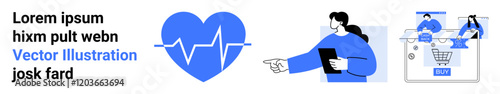 Heart with EKG line, person holding a tablet pointing, online shopping cart with two people. Ideal for healthcare, e-commerce, technology, online shopping, digital marketing, telemedicine user photo