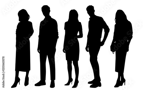 Silhouettes of men and women, group standing business people, vector, profile, black isolated on white background