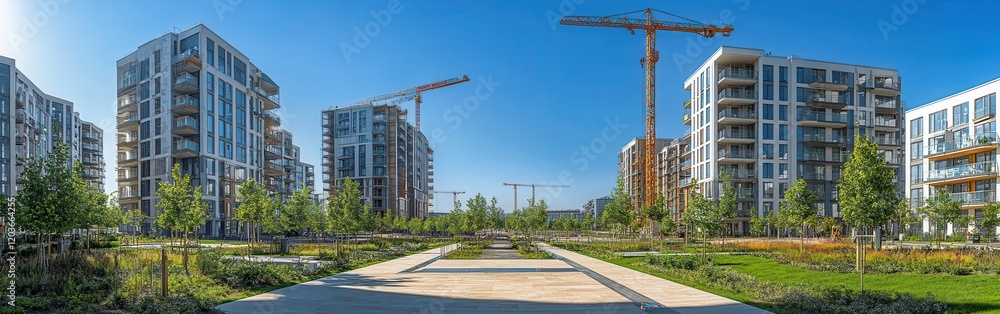 Modern Urban Development Featuring New Residential Buildings and Construction Equipment Under a Clear Blue Sky in a Planned Green Area Modern Urban Development Featuring New Residential Buildings and Construction Equipment Under a Clear Blue Sky in a Planned Green Area