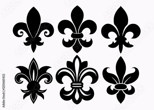 Set of Fleur de lis icons vector silhouette black on white background
