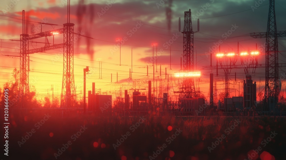 Fototapeta premium Grid connection setup with large-scale power lines featuring efficiency monitoring and load balancing in action : Renewable Energy Storage