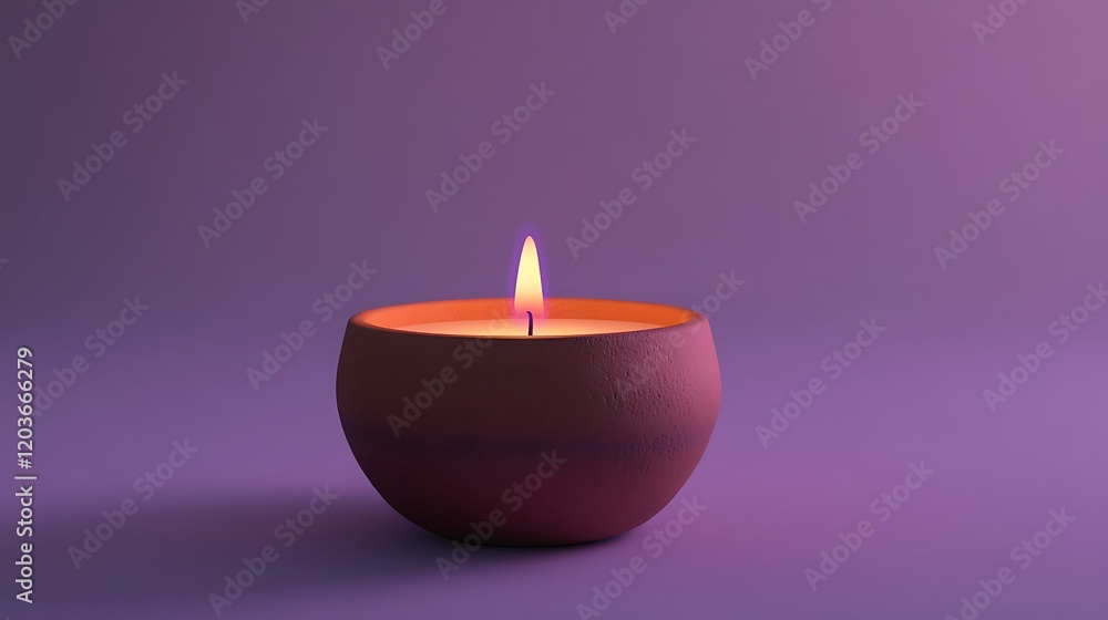 Meditation candle in earthen pot on light purple background Meditation candle in earthen pot on light purple background
