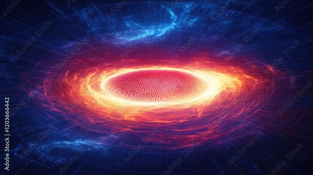 Fototapeta premium Biometric fingerprint glowing in a holographic grid with a deep blue background.